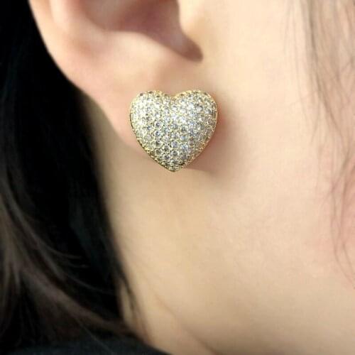 Charm Love Heart Shape Stud Earrings Shiny AAA Cubic Zirconia Stone Bling Gold Color Statement Women Trendy Jewelry 2020 Brincos