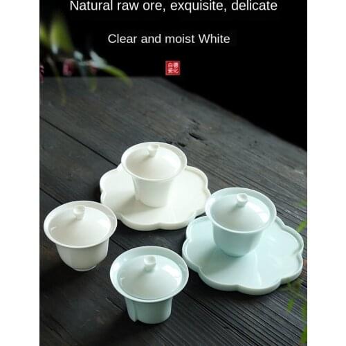 Sheep Fat Jade Ceramic Whiteware Cover Bowl Japanese Handmade Kung Fu Three-Force Ceramic Tea Bowl Tea Tea Sets China Gaiwan