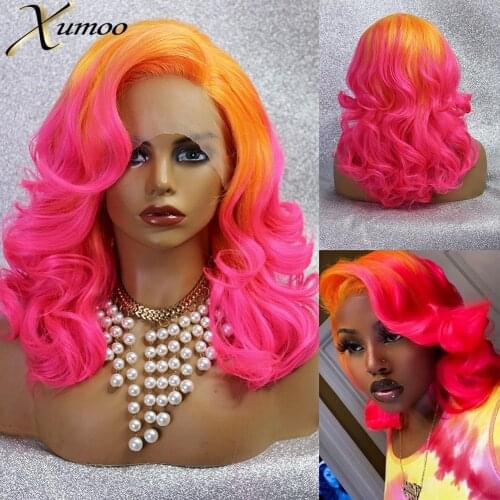 XUMOO Ombre Pink Orange Synthetic Lace Front Wig Heat Resistant Wavy Short Wig Glueless Cosplay Synthetic Wigs For Black Women