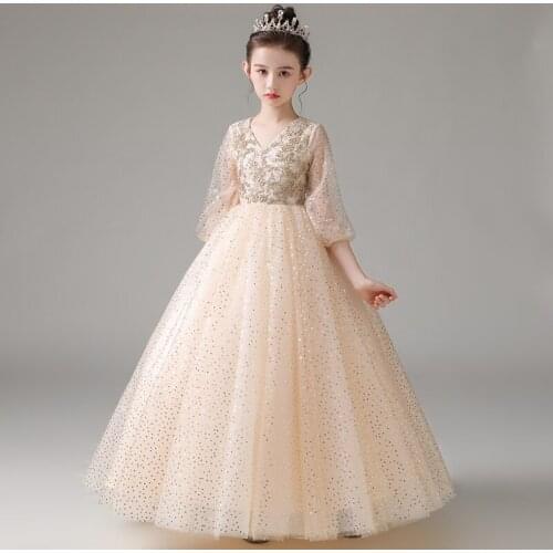 Flower Girl Dress Illusion Three Quarter V-Neck Princess Beading Floor-Length Sequined Tulle Lace Champagne Kids Party Gown H223