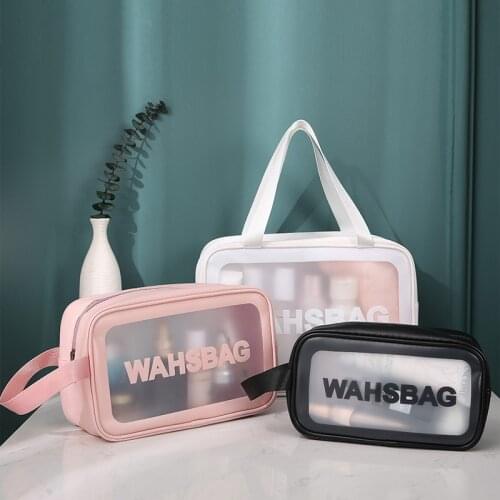 BalleenShiny Transparent Three-piece Cosmetic Wash Bag Large Capacity PVC Bath Bag Translucent Frosted Portable Storage Bag
