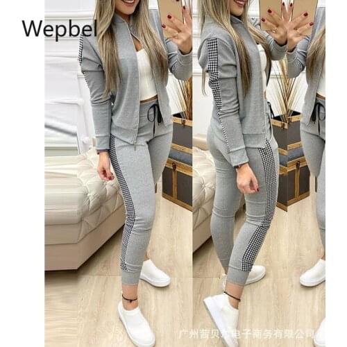 WEPBEL Fashion Women Sets Long Sleeve Baseball Shirt High Waist Pants Sets 2 Piece Sets Outfits Gray Mosaic Plaid Casual Suit