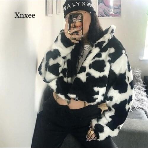 Y2K Women Cow Printed Faux Fur Jacket Winter Warm Cozy Female Hairy Streetwear Coat Fall Casual Loose Outwaer Clothing Tops