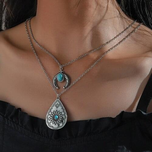 Retro Fashion Turquoise Crescent Pendant Female Simple Water Drop Carved Dainty Double Necklace Pendant Jewelry