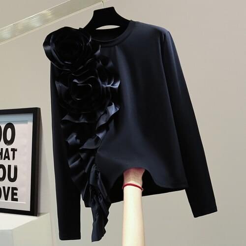 Three-Dimensional Flower Long Sleeve T-shirt Woman 2021 Autumn Korean Fashion Loose Pure Color Casual Outer Wear Tops Femme