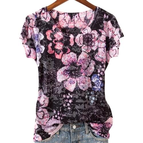 Plus size 5XL!Black hot drilling floral printe t shirt women 2020 summer short sleeve o-neck top tees