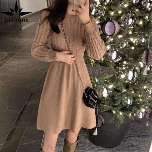 Leiouna Long Casual 2021 Fashion Women Half High Collar Over The Knee With Coat Woolen Skirt Women Autumn Winter Sweater Dress