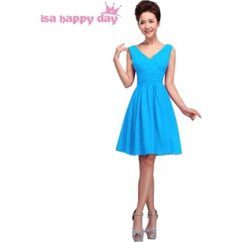Short formal v neck bridesmade party sleevless dress blue color chiffon blue bridesmaid dresses with lace up back 2020 H1180