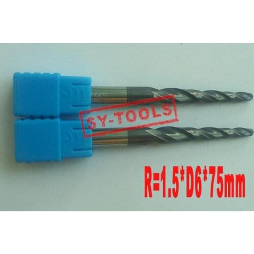 2PCS R1.5*D6*30.5*75L*2F HRC55 Tungsten solid carbide Coated Tapered Ball Nose End Mill taper and cone endmills