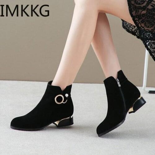2020 Winter Shoes Women Ankle Boots Flock Low Heels Suede Booties Pearl Dress Shoes Square Heel Botas Mujer Plus Size 43