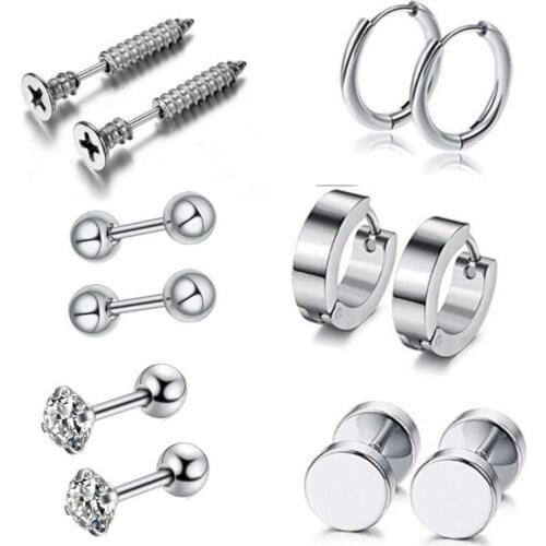 6 Pairs Mens Stainless Steel Punk Earrings Studs Set for Men Earrings Rings Hoops Tragus Cartilage Men Body Piercing Jewelry
