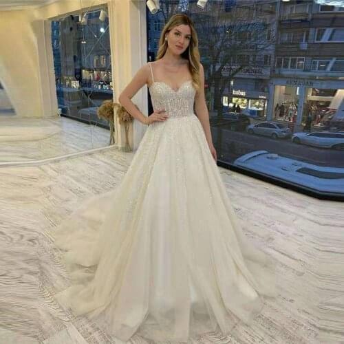 Verngo Sparkly Glitter One line Wedding dress For bride spaghetti-bearers Honey veil Sweep train 2021 Mariage