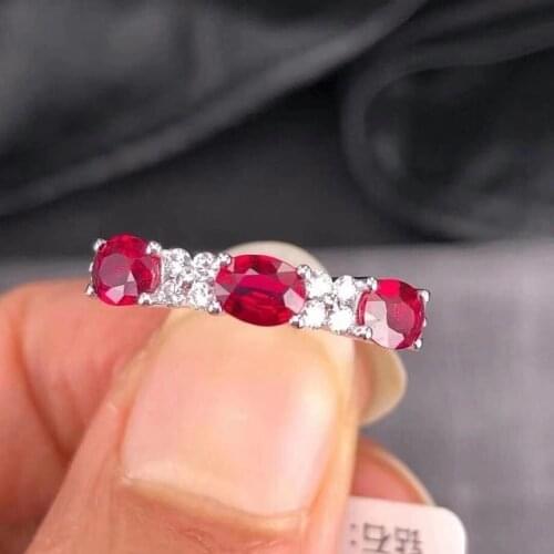 Ewelry 4mm*3mm 100% Natural Ruby Ring for Engagement 925 Silver Gemstone Ring Gift for Woman