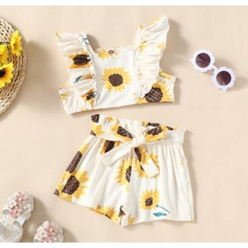 Toddler Girl Cothes Baby Clothes Set 2 Pcs Sunflower Print Sleeveless Tops+short Pants Boho Cool Children Sets Kids Clothes 0-6Y