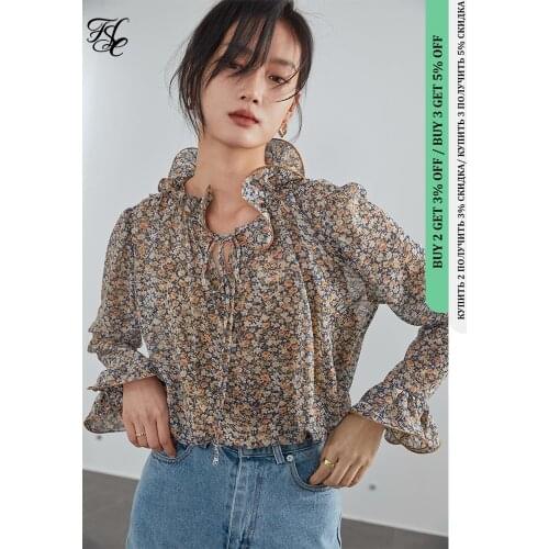 FANSILANEN Two pieces set floral print chiffon blouse shirt Women ruffle elegant white blouse Spring transparent sexy boho top