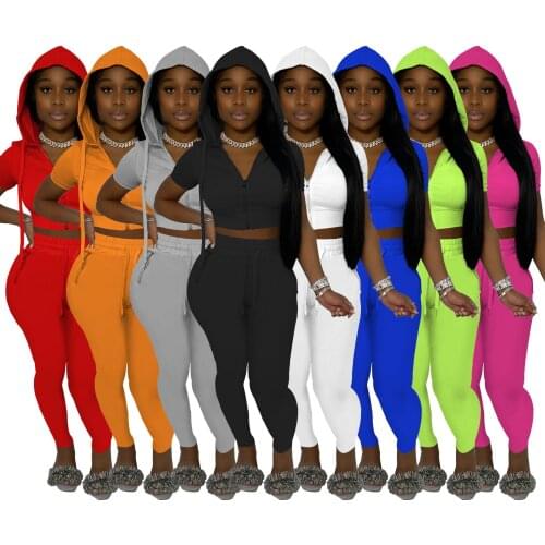 Casual Solid Pants Suits Tracksuit Women Lounge wear Sporty Zipper Hooded Crop Top + Drawstring Sweatpants Two Piece Set Outfits