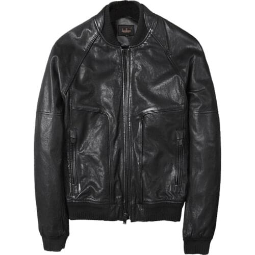 AYUNSUE Genuine Leather Jacket Men Short Real Sheepskin Coat Spring Baseball Uniform Motorcycle Mens Leather Jackets YY1370