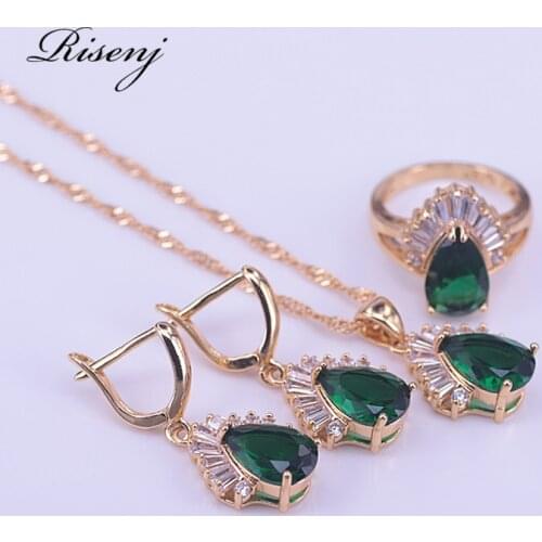 Many Colors Green Stone White Zircon 18 K Gold Costume Jewelry Set For Women Shiny Jewelry Bridal Jewelry Set