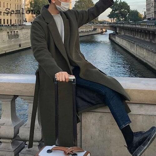 2020 Autumn Winter Long Jackets Men Open Stitch Wool Blends Coats Mens Clothing Lapel Collar Manteau Tunic Outerwear With Belt