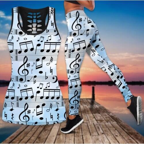 Yoga Set For Women Colorful Music Notes Combo Tank + Legging 3D Printed Hollow Tank top Sexy Retro Suit Fitness Soft Legging