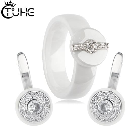 Healthy Ceramic Jewelry Sets For Women Fashion Jewelry Circle Round Shape Ceramic Rings Earrings Lovers Engagement Jewelry