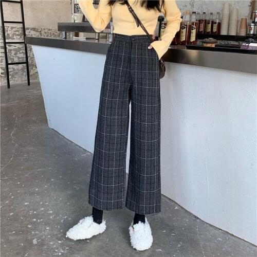 2020 Autumn Winter Woolen Plaid Pants Women Elastic High Waist Ankle-length Pant Plus Size Harajuku Wide Leg Trousers
