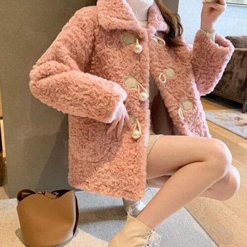 Autumn Winter Faux Fur Coat Women 2021 Thicken Warm Rabbit Plush Jacket Female Loose Horn Buckle Lamb Wool Overcoat Outerwear