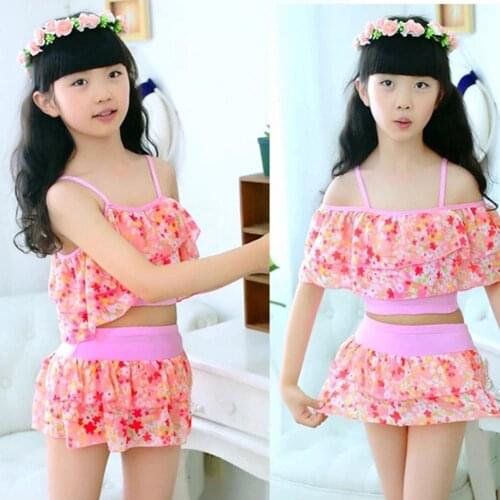 3-15Y Girls Beach Swimsuit Suit Summer Beach Girls Sweet Floral Pattern Spaghetti Straps Bikini Set Swimsuit3