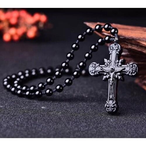 Natural Black Obsidian Cross Pendant Beads Necklace Charm Jewellery Fashion Accessories Hand-Carved Jesus Amulet Gifts for Women