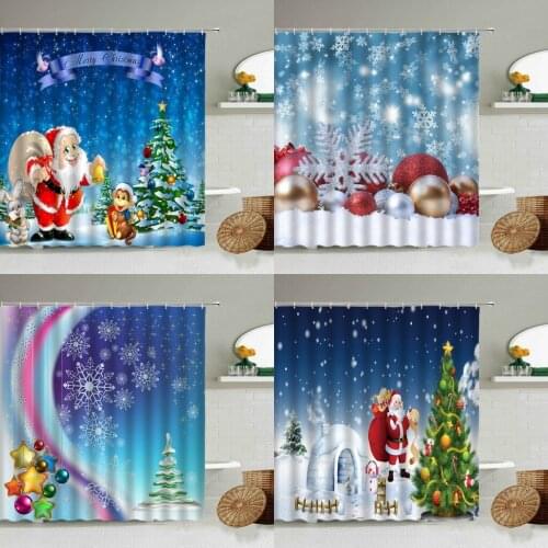 Merry Christmas Shower Curtain Xmas Theme Bathroom Decor Santa Claus Christmas Tree Snow Holiday Party Gift Screen With Hooks
