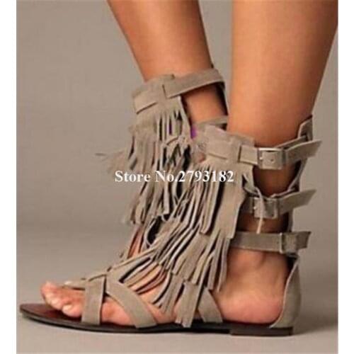 Summer New Fashion Open Toe Suede Leather Tassels Flat Gladiator Sandals Fringes Buckles Casual Sandals Bohemia Shoes