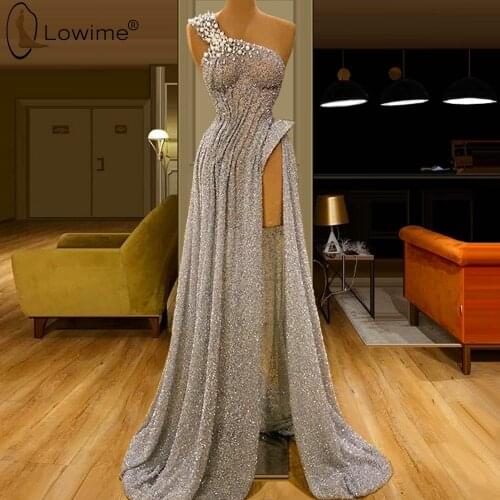 Sexy Silver Sequined One Shoulder Evening Dresses A Line High Side Split Vestido De Festa Prom Party Gowns