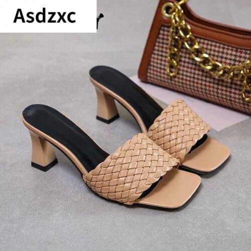 New Square High Heels Slippers Summer Women Square Toe Sandals Ladies Pu Leather Plaid Outside Female Fashion Woman Shoes Mules
