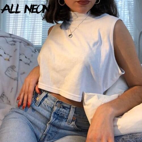 ALLNeon 2000s Streetwear Basic Loosed White Baby Tanks Y2K Aesthetics Stand Collar Sleeveless Cropped Tops Casual Vests Spring