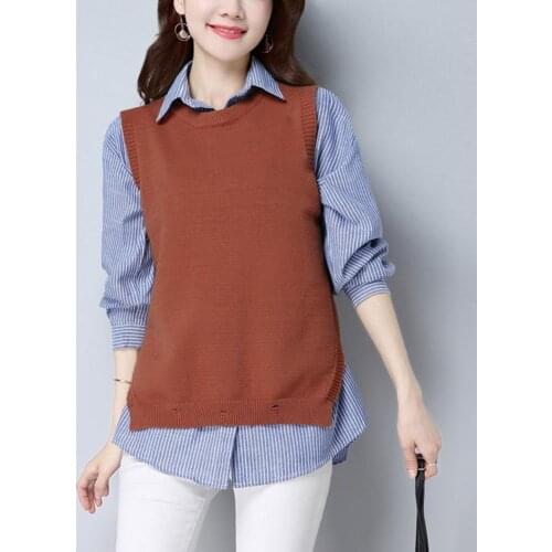 Women Fashion Long Sleeve Stripes Shirt Knitted Vest Waistcoat Two Piece Outfit Female Suit Outfit 2020 Set