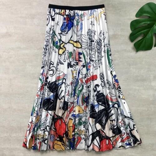 Spring Summer Womens Pleated Skirt New Elastic Waist Cartoon Print Graffiti Large A-line Skirt Woman GD606