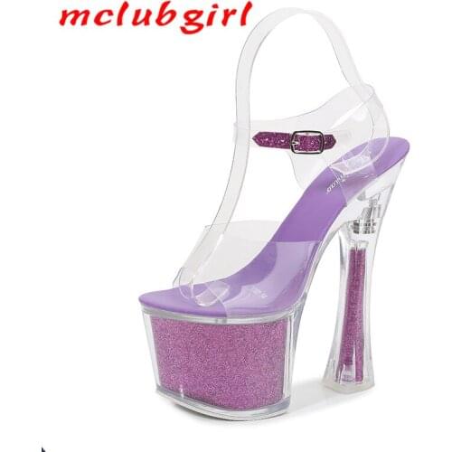 Mclubgirl Nightclub Women Platform Sandals Super High Heels Fine Platform Transparent Crystal Shoes Platform Purple Club LFD