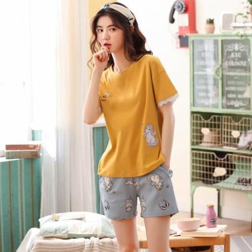 Women new cotton Korean summer ladies pajamas cartoon short sleeve shorts thin two piece women pajama sets pajama set pajamas