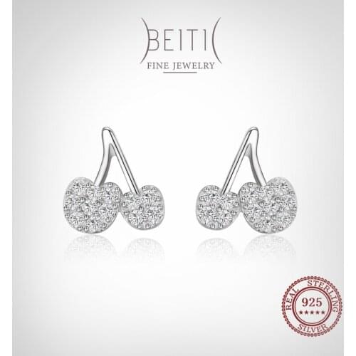 Beitil Clear Zircon Cute Miniature Cherry Stud Earring For Women Girl Cute Accessories Fashion 925 Sterling Silver Jewelry