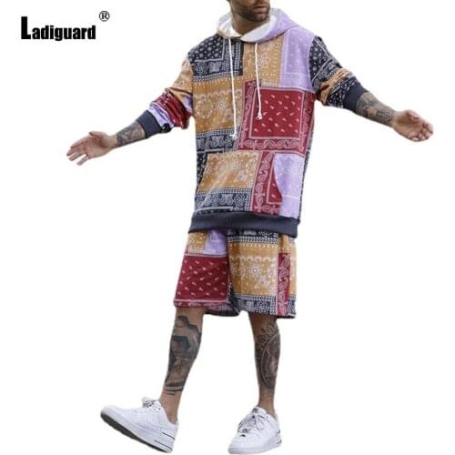 Ladiguard Plus Size Men Patchwork Two Pieces Outfit Long Sleeve 3D Print Mens Set Autumn Fashion Hooded Sweatshirt And Shorts