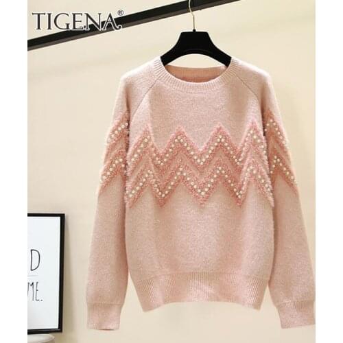 TIGENA Thick Warm Winter Sweater Women with Beading 2021 Soft Loose Long Sleeve Knitted Pullover Jumper Female Clothing Tops