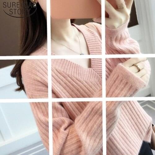 New Casual Elegant Women Tops 2021 Knitted Women Sweater Long Sleeve Women Clothing Fashion V-neck Soft Women Blouse 5458 50