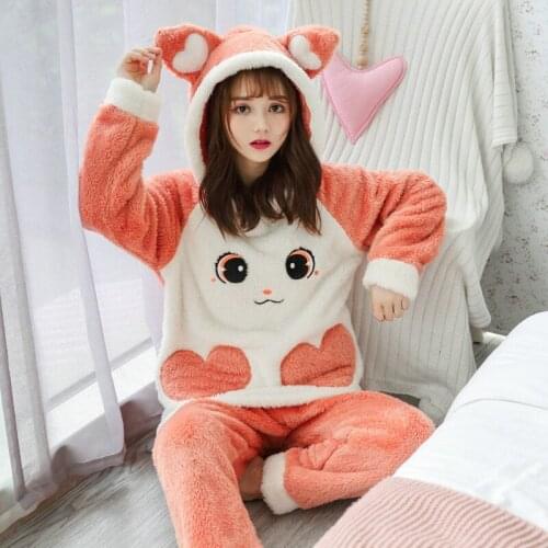 2Pcs Winter Women Pajamas Sets Sleepwear Long Sleeves Thick Warm Coral Flannel Pyjamas Soft Sleep Suits Pyjama Cute Home Clothes
