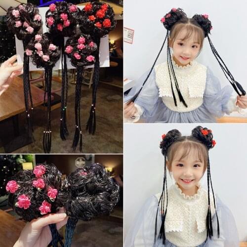 1 pair of childrens fringed wig braid ball hair ring hair accessory headband baby princess headdress Hanfu rubber band hair rop