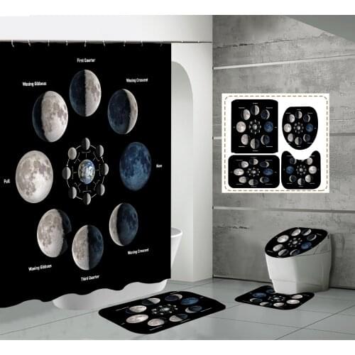 4pcs Starry Sky Shower Curtain Set with Non-Slip Rugs Toilet Lid Cover and Bath Mat 3D Planet Shower Curtains with 12 Hooks