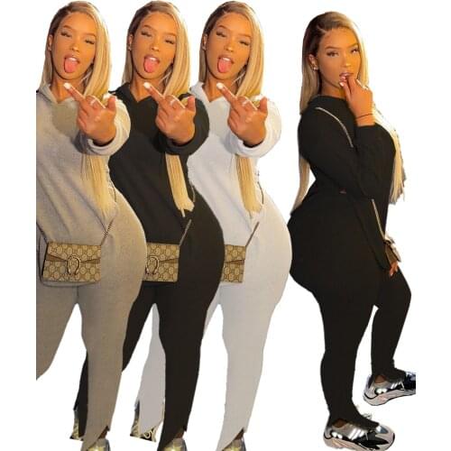 78LY5863 Autumn Winter Women Casual Home Solid Sports Split with Hood Two Piece Set Top and Pants Tracksuit Sweatsuit Outfits