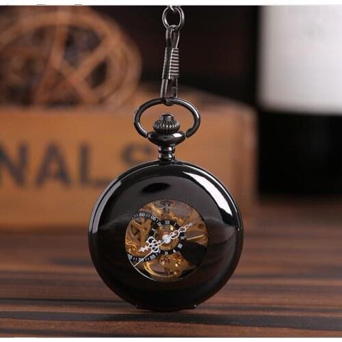 Large black thick chain smooth double-sided hollow pocket watch surface hollow black white Roman scale pocket watch