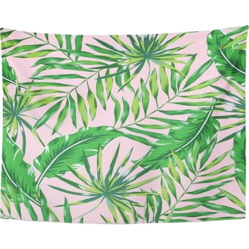 Tapestry Exotic Green Palm Leaves on The Pink Tropical Jungle Foliage Floral Tapestries Wall Hanging for Living Room Bedroom