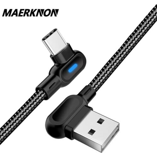 USB Type C Cable With Light LED 90 Degree Elbow Fast Charging For iphone 12 Pro Max Samsung Xiaomi Huawei Charger Data Cables
