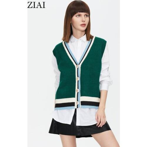 ZIAI 2021Women Sweater Vest Preppy Style Cardigan V-Neck Knitted Desigual Female Autumn Winter Sleeveless Top Cute Sweter ZMY006